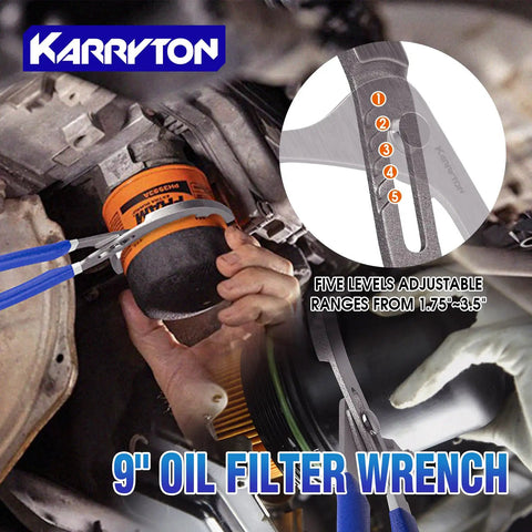 Close-up of a 9-inch oil filter wrench with adjustable levels, shown in use removing a filter under a vehicle.