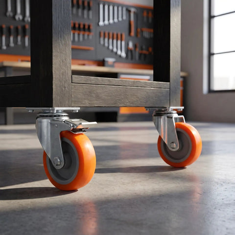 Close-up of 4pcs Inch TPR Swivel Caster Wheels with Brake, M8 Post mounted on a heavy-duty cart.