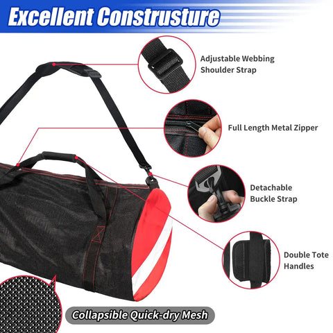Extra Large Dive Gear Duffle Bag With Padded Removable Adjustable Shoulder Strap And Wrap Handle For Scuba Snorkeling Freediving Swimming And Beach Use Up To 120L Black Go To Gear Bag with mesh and straps details.