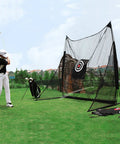 Golfer practicing with Golf Target Cloth 5x5 Practice Backstop For Driving Range And Indoor Outdoor Hit Training Aid Durable Canvas With Bright Visible Print