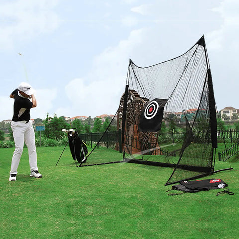 Golfer practicing with Golf Target Cloth 5x5 Practice Backstop For Driving Range And Indoor Outdoor Hit Training Aid Durable Canvas With Bright Visible Print