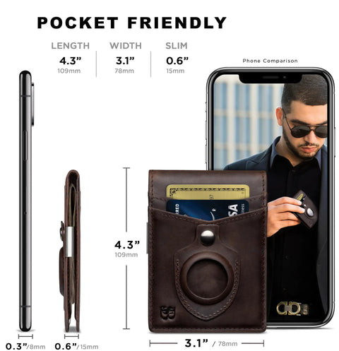 AirTag Wallet With RFID Blocking For Men Minimalist Slim Bifold Money Clip Full Grain Leather Front Pocket Card Organizer