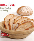 Cotton Rope Banneton Bread Proofing Basket Set With Liners And Covers holding sliced artisan sourdough bread, showing dual-use feature