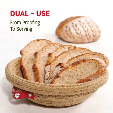 Cotton Rope Banneton Bread Proofing Basket Set With Liners And Covers holding sliced artisan sourdough bread, showing dual-use feature
