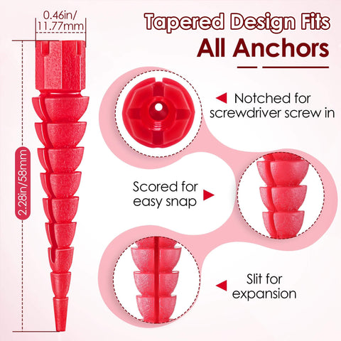 Wood Screw Hole Repair Kit Ten Pack For Stripped Holes In Wood Doors And Furniture Quick Fix For Stripped Threads Fits Screws From 2 To 16 Red Great Value, showing red notched anchors with measurements and features labeled.