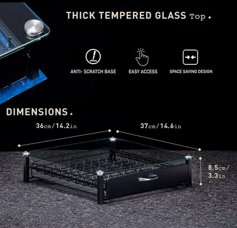 Vertuo Capsule Drawer Organizer For 45 Pods Glass Tray dimensions and features illustration with glass top and chrome base