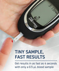 Close-up of Compact Blood Glucose Meter Starter Kit displaying tiny blood sample test for quick results on the go.