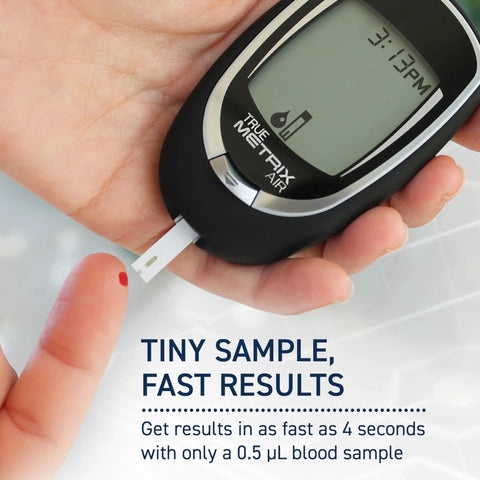 Close-up of Compact Blood Glucose Meter Starter Kit displaying tiny blood sample test for quick results on the go.