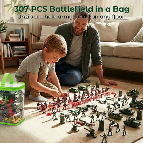 Child and adult playing with Epic 307 Piece Army Battle Toys Set with tanks, jets, flags, fences, and storage bag in living room.