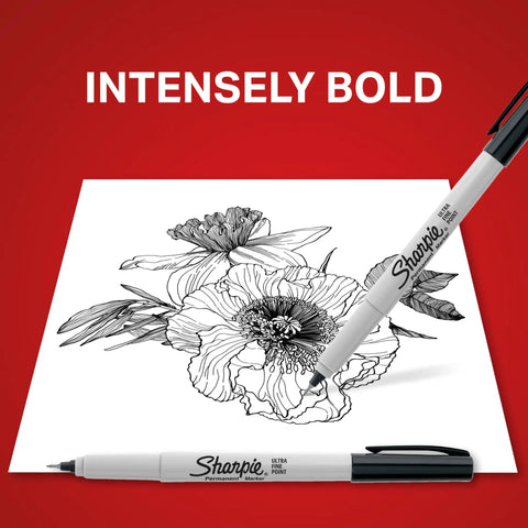 Premium Ultra Fine Permanent Markers In Black Offer A Solid Twelve Pack Kit With Fast Dry Ink shown on a floral sketch.