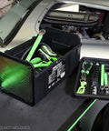 Green 15 Inch One Touch Tool Box With Tray Openable With One Hand And Padlock Security Slot Durable Tool Storage For Home Garage Or Job Site Holds Up To 30 Lbs on car engine hood with tools