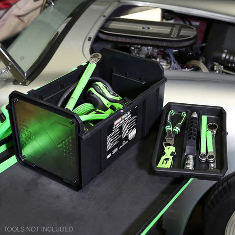 Green 15 Inch One Touch Tool Box With Tray Openable With One Hand And Padlock Security Slot Durable Tool Storage For Home Garage Or Job Site Holds Up To 30 Lbs on car engine hood with tools