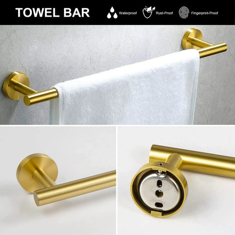Dope Brushed Gold 5-Piece Bathroom Hardware Set With 23.6 Inch Towel Bar, showing stainless steel rack and parts detail