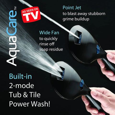 High Pressure Shower Head Combo With Handheld And Rain Heads Featuring 50 Mode 3 Way System Anti Clog Jets For Cleaner Flow Tub And Pet Power Wash Mode Plus Extra Wall Bracket 6 Ft Hose And Oil Rubbed Bronze Finish with point jet and wide fan modes displayed.