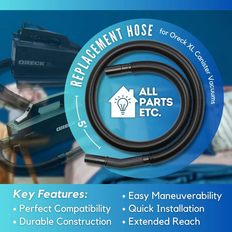 Replacement 5 Foot Hose For Oreck XL Canister Vacuums And Handheld Units with product features and vacuum image.