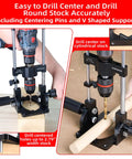 Portable Drill Guide With Angle Stops From -60 To 60 Degrees, Adjustable Drill Press Jig And 1/2 Inch Self Locking Chuck, Lets You Drill Straight Or Angled Holes With Precision And Confidence, Ideal For DIY Projects, centered drill guide on rounded wood, featuring centering pins.