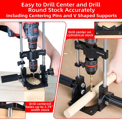 Portable Drill Guide With Angle Stops From -60 To 60 Degrees, Adjustable Drill Press Jig And 1/2 Inch Self Locking Chuck, Lets You Drill Straight Or Angled Holes With Precision And Confidence, Ideal For DIY Projects, centered drill guide on rounded wood, featuring centering pins.