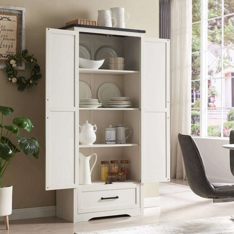 Farmhouse Pantry Cabinet 72 Inch Tall Wood Storage With Adjustable Shelves Barn Style Doors And Drawer All In One Kitchen And Dining Room Organizer In Antique White open in dining room