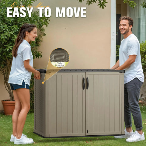 People moving an Outdoor Resin Storage Box 27 Cu Ft Weather Resistant Large Capacity Shed Like Crossover Storage Container