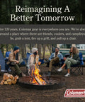 Group of friends around a campfire with tents and a Coleman logo, promoting outdoor gear and campfire gatherings.