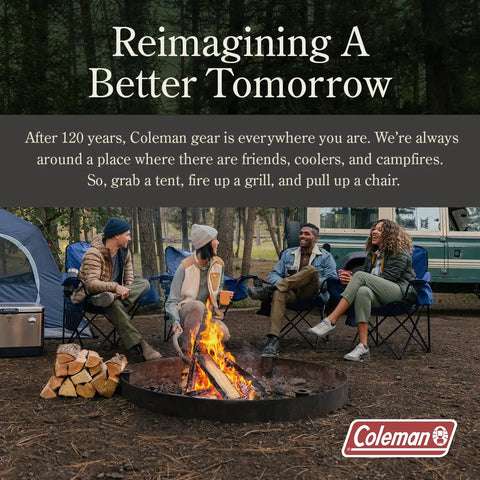 Group of friends around a campfire with tents and a Coleman logo, promoting outdoor gear and campfire gatherings.