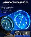 Front view of Orion Motor Tech cylinder leak-down tester kit with dual blue gauges for automotive engine diagnostics