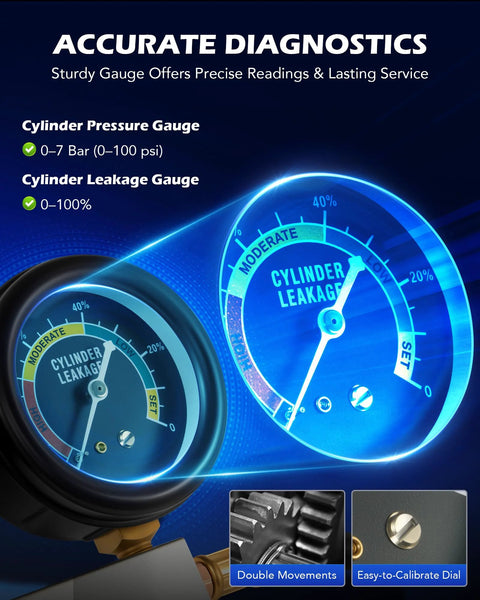 Front view of Orion Motor Tech cylinder leak-down tester kit with dual blue gauges for automotive engine diagnostics