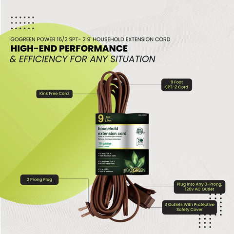 Product packaging and coiled Nine Foot Indoor Extension Cord With Three Outlets Brown Kink Free Design And Child Safe Covers