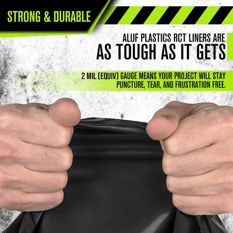 Hands stretching Beefy 55 Gallon Heavy Duty Trash Bags Black 2.0 Mil Thick Drum Liner For Toter And Contractors 38 X 58 Inches