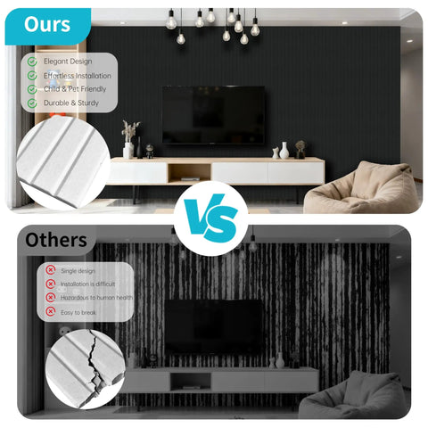 Comparison image of 12 Pack Large Acoustic Wall Panels Covering 92.8 Square Feet With Solid Peel And Stick Sound Absorbing Backing in black.