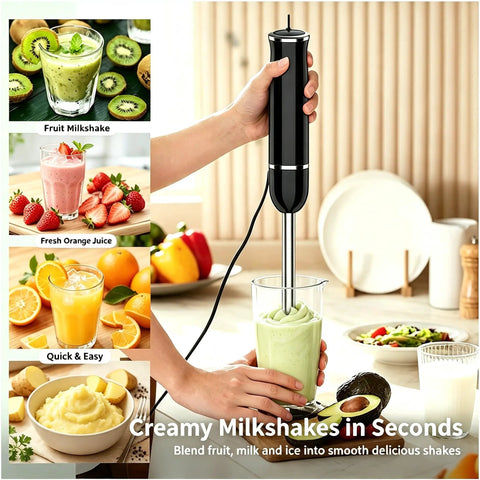 Heavy Duty 800W Immersion Hand Blender Built To Chop And Puree Without Breaking A Sweat Variable Speed And Turbo Boost Delivers Silky Smooth Results Quick Pull Apart Design Rock Solid 304 Stainless Steel Blades United Kingdom Plug Black blending a creamy shake in a glass with fruits in the background.