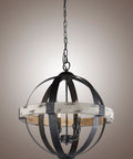 Boss Look Black Aspen Wrought Iron Globe Wood Four Light Chandelier With 20 Inch Shade And 22.5 Inch Height Distressed Wood And Black Finish