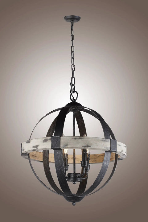Boss Look Black Aspen Wrought Iron Globe Wood Four Light Chandelier With 20 Inch Shade And 22.5 Inch Height Distressed Wood And Black Finish