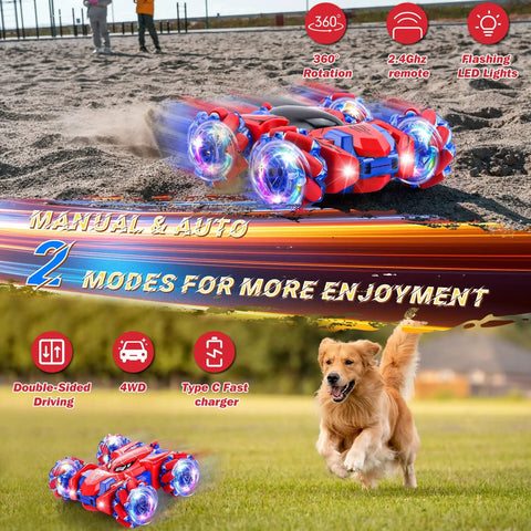 Spider 4WD Remote Control Car With 2.4GHz Radio showing LED headlights and 360-degree rotation in a dual outdoor landscape.