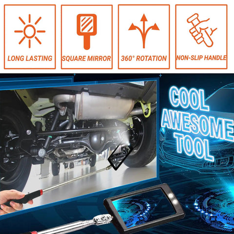 Telescoping Inspection Mirror With LED Light For Men Gift Square Mechanic Mirror Tool For Car DIY And Home Repairs Perfect Valentines Day Gift For Dad Husband Boyfriend Handyman Great Birthday Gift Idea For Guys under a car showing mirror's reflection