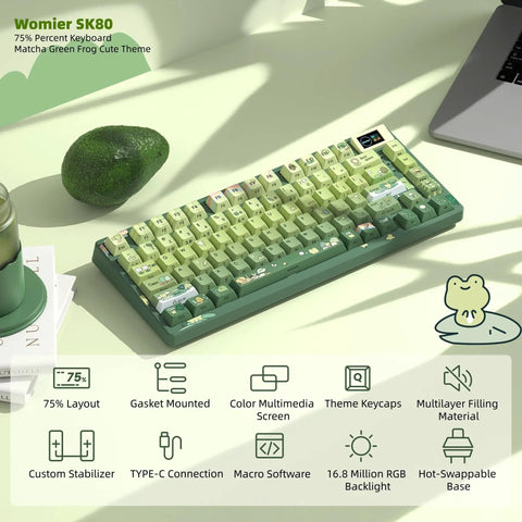 Slick 75 Percent Mechanical Gaming Keyboard With A Dope Color Multimedia Display Featuring Custom Gif Animations Rgb Backlit Keys And Smooth Typing Vibes For Windows And Mac Rigs in matcha green frog theme.