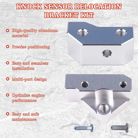 Knock Sensor Relocation Bracket Kit Fits 1997-2007 GM Gen III LS V8 Engines with aluminum brackets and mounting bolts displayed