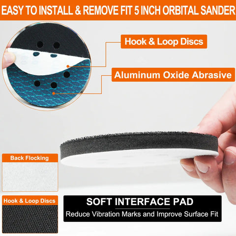 Diamond Shape 5 Inch Sanding Discs Kit With 80 Pack 8 Hole Hook And Loop Sandpaper Set Pro Grade Interface Pad close-up