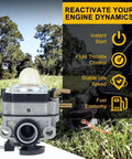 Carburetor Kit For Ryobi 25Cc Two Cycle Engines displayed on grass with trimmer and features like instant start shown.