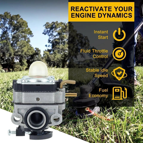 Carburetor Kit For Ryobi 25Cc Two Cycle Engines displayed on grass with trimmer and features like instant start shown.