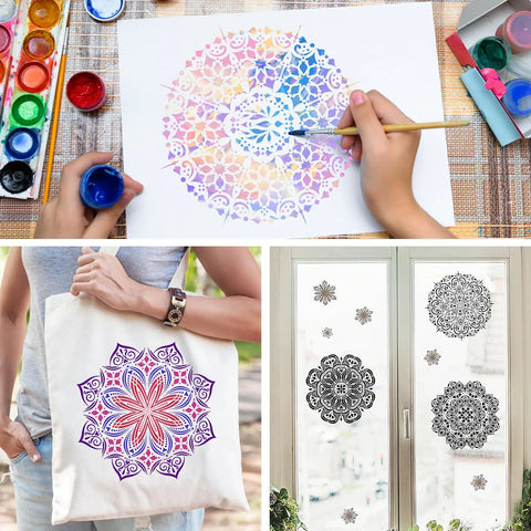 Nine Pack 12x12 Mandala Stencil Set For Painting On Wood Floor Wall Tile Fabric Reusable Furniture Craft Templates For DIY Art Projects Large Intricate Designs That Make Stenciling Easy And Precise used for painting, fabric, and window decoration.