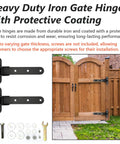 Two 13-inch black iron gate hinges with mounting hardware, shown in front view and installed on a wooden gate.