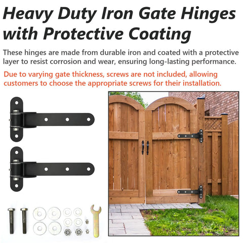 Two 13-inch black iron gate hinges with mounting hardware, shown in front view and installed on a wooden gate.