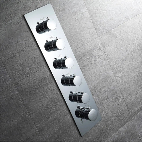 Top Tier Led Thermostatic Shower System With 60X80Cm Shower Panel Rainfall Waterfall And Mist Functions control panel with six dials.