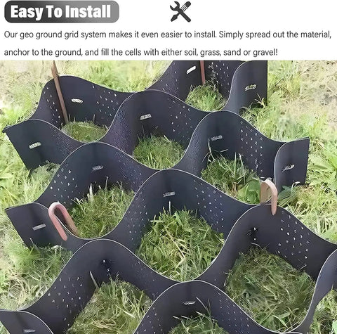 Heavy Duty Gravel Stabilizer Geogrid with Drainage Holes for Driveway and Garden 3x7m grid installed on grass with stakes