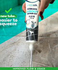White Premixed Acrylic Sanded Grout Filler Kit For Tile Repairs In Bathrooms Showers And Kitchens with water resistant tube in use