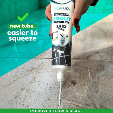 White Premixed Acrylic Sanded Grout Filler Kit For Tile Repairs In Bathrooms Showers And Kitchens with water resistant tube in use