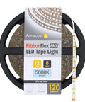 RibbonFlex Pro 12V White LED Strip Lights, 120 LED Per Meter, 5000K Cool White, 32.8 Foot Roll on black reel, product packaging front view