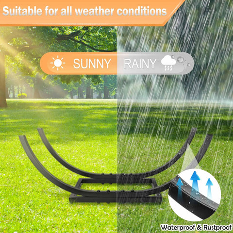 Curved Firewood Rack And Holder For Indoor And Outdoor Use 22 Inch Built Tough showing waterproof and rustproof design in rain and sun.