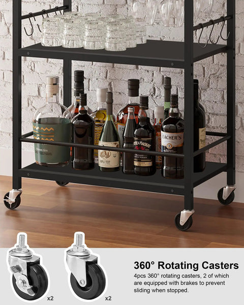 Mobile Bar Cart On Wheels For Home Use, Rolling Beverage Cart With Wine Rack And Glass Holder, Microwave Stand And Kitchen Island, Black Finish, featuring wine bottles and glassware.